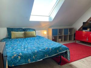 a bedroom with a blue bed and a red rug at Maison proximité Strasbourg centre in Schiltigheim