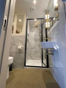 La salle de bains est pourvue d'une douche, d'un lavabo et de toilettes. dans l'établissement The Royal Albion, à Broadstairs