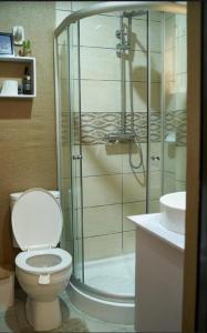 a bathroom with a shower with a toilet and a sink at Studio cosy gold Douala Cameroon in Douala