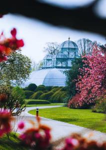 vista su un giardino con un edificio sullo sfondo di Duplex Atypique à Bruxelles a Bruxelles