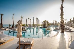 einen Pool mit Palmen, Stühlen und Meerblick in der Unterkunft Europa Beach Hotel & Spa in Hersonissos