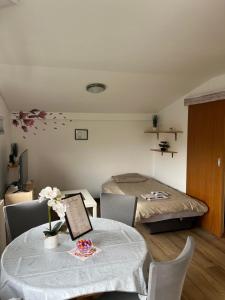 盧比安納的住宿－apartma Golovec，配有一张床和一张桌子及椅子的房间