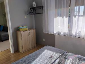 1 dormitorio con 1 cama, vestidor y ventana en Apartament z tarasem en Częstochowa