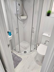 Un baño con ducha y WC. en Single Cosy Bedroom in Dartford- Private Entrance for guest, en Kent