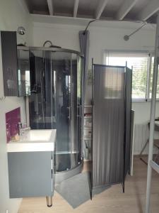 ein Badezimmer mit Dusche und weißem Waschbecken in der Unterkunft Studio meublé 1 pièce entièrement équipé sans cloisons séparatives in Chavagnes-en-Paillers