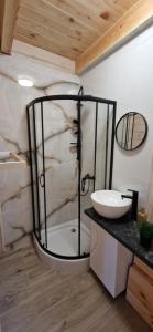 a bathroom with a glass shower and a sink at Leśne Zacisze 3 in Łuka