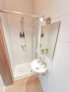 a bathroom with a shower and a sink and a mirror at Stylish 2 Bed 2 Bath Apt in St Julians in St. Julianʼs