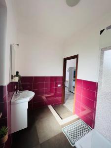 y baño con azulejos morados, lavabo y ducha. en La Vigna Di Circe, en San Felice Circeo