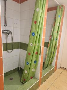 y baño con ducha con cortinas de ducha verdes. en Hostel Warszawa Ursynów, en Varsovia