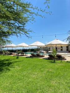 ein Resort mit Pool und Sonnenschirmen im Gras in der Unterkunft Lake Elementaita Manor in Gilgil