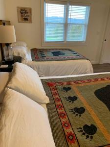 a bedroom with two beds and a rug at A beautiful sunset cottage in Hendersonville