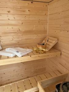 an inside of a sauna with a wooden wall at Fehmarnliebe in Fehmarn