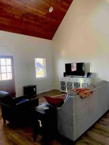a living room with a couch and a tv at A beautiful sunset cottage in Hendersonville