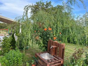 um jardim com um lavatório num banco de madeira em Sanny’s house em Ezerets