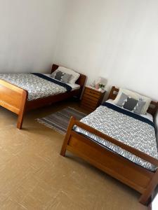 two twin beds in a room with at Zozefina apartment in Nea Peramos