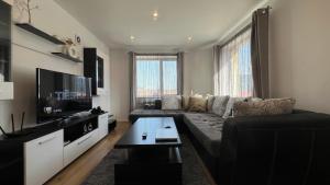 un soggiorno con divano e TV a schermo piatto di Hyggemate - Апартаменти a Sarnitsa