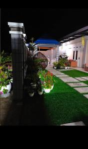 un giardino notturno con piante in vaso e un edificio di La Geiro Villa Labuan Bajo a Labuan Bajo