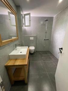 a bathroom with a sink and a shower at Hotel Jali in Himare