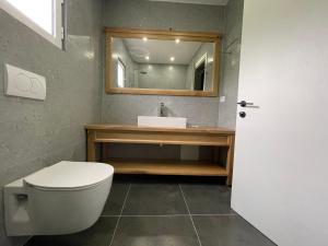 a bathroom with a toilet and a sink and a mirror at Hotel Jali in Himare