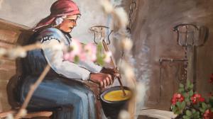 uma pintura de um homem mexendo uma panela em ALBERGO AL CACCIATORE em Paluzza