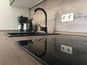 a kitchen with a sink and a coffee maker on a counter at Sonnenbalkon in Bad Elster
