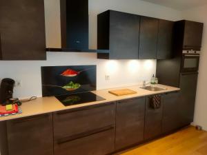 a kitchen with black cabinets and a counter top at House with garden in the center close to the sea and Amsterdam in Beverwijk