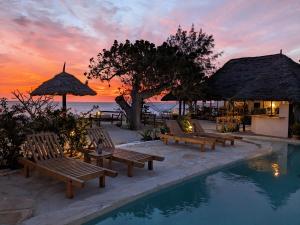 a pool with benches and umbrellas at a resort at Lala Land Lodge in Kizimkazi