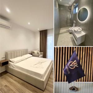 um quarto de hotel com uma cama e uma casa de banho em Vila Beqja em Durrës