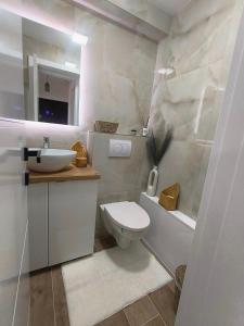a bathroom with a white toilet and a sink at Apartament Theodora in Curtea de Argeş