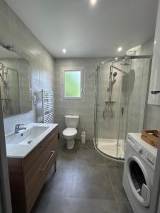 une salle de bain avec un lavabo et une douche dans l'établissement Gîte Lilas 4-6 personnes, à La Salvetat-sur-Agout 25 autres photos