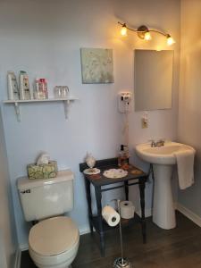 uma casa de banho com um WC e um lavatório em The Scotsman Inn em Pictou
