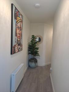 un couloir avec une peinture sur le mur et une plante dans l'établissement Cozy bedroom in Lucan, Dublin, à Dublin