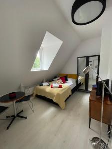 um quarto com uma cama, uma mesa e um espelho em Białe Tarasy em Mrzeżyno