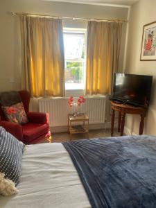 a bedroom with a bed and a television and a chair at Neema in Barnstaple