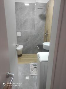 a bathroom with a shower and a toilet and a sink at Besmir's in Golem +6 photos