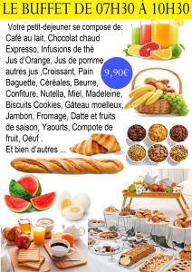 um panfleto para um buffet de pequeno-almoço com diferentes tipos de alimentos em Hotel De La Plage em Valras-Plage