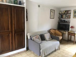 a living room with a chair and a television at MAISON DE VILLAGE AUREL in Aurel