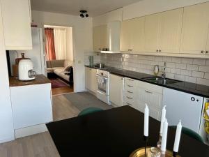 赫爾辛堡的住宿－Radhus i Ramlösa, Helsingborg，厨房配有白色橱柜和黑色台面
