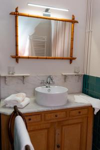 ein Bad mit einem Waschbecken und einem Spiegel in der Unterkunft Domaine de Montclair in Pommiers