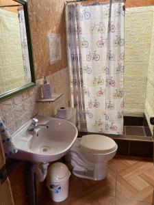 a bathroom with a sink and a toilet and a shower curtain at Paracas Camp Lodge & Experiences in Paracas