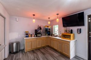 a kitchen with a bar with a flat screen tv at Freer Executive Inn & Studios in Freer