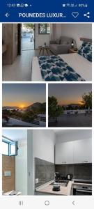 un collage de fotos de una cocina y una sala de estar en POUNEDES LUXURY SUITES en Pefki Rhodes