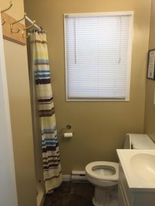 a bathroom with a toilet and a shower curtain at Wu Wu's Cabins in Wasaga Beach