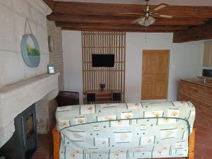 un soggiorno con divano e camino di Charmante maison en pierres a Sainte-Radégonde-des-Noyers
