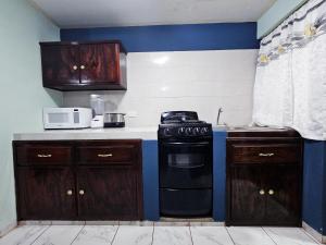 eine Küche mit einem Herd und einer Mikrowelle in der Unterkunft Excelente departamento céntrico en Tehuacán in Tehuacán