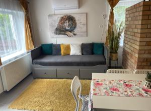 ein Wohnzimmer mit einem Sofa und einem Tisch in der Unterkunft Bükk Apartman Bükkszentkereszt in Bükkszentkereszt