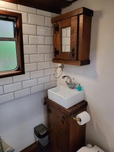 uma casa de banho com um lavatório e uma janela em Unique Canal Boat in London Centre for Family & Friends em Londres