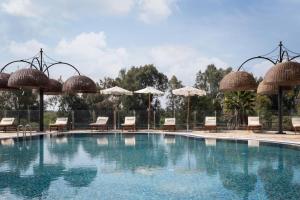 una piscina en un complejo con sillas y sombrillas en Yarden Estate Boutique Hotel en Yesod Hamaala