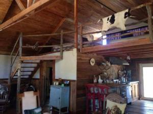 a cow hanging from the ceiling of a room at Rancho Callado - Kumiai Cabin in Rinconada +16 photos