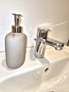 a soap bottle sitting on top of a bathroom sink at Ferienwohnung Bobingen in Bobingen